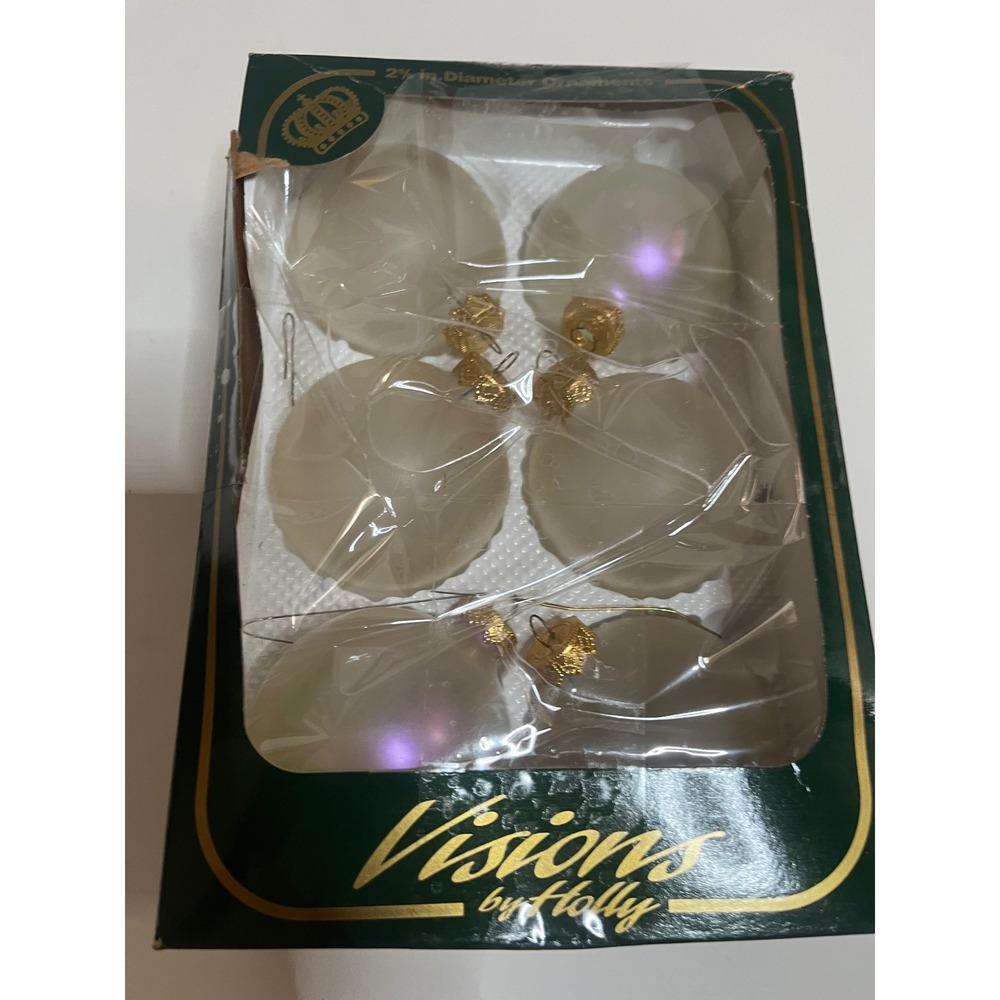 Vtg Visions by Holly Frosted White Iridescent Glass Christmas Ornaments Set of 6